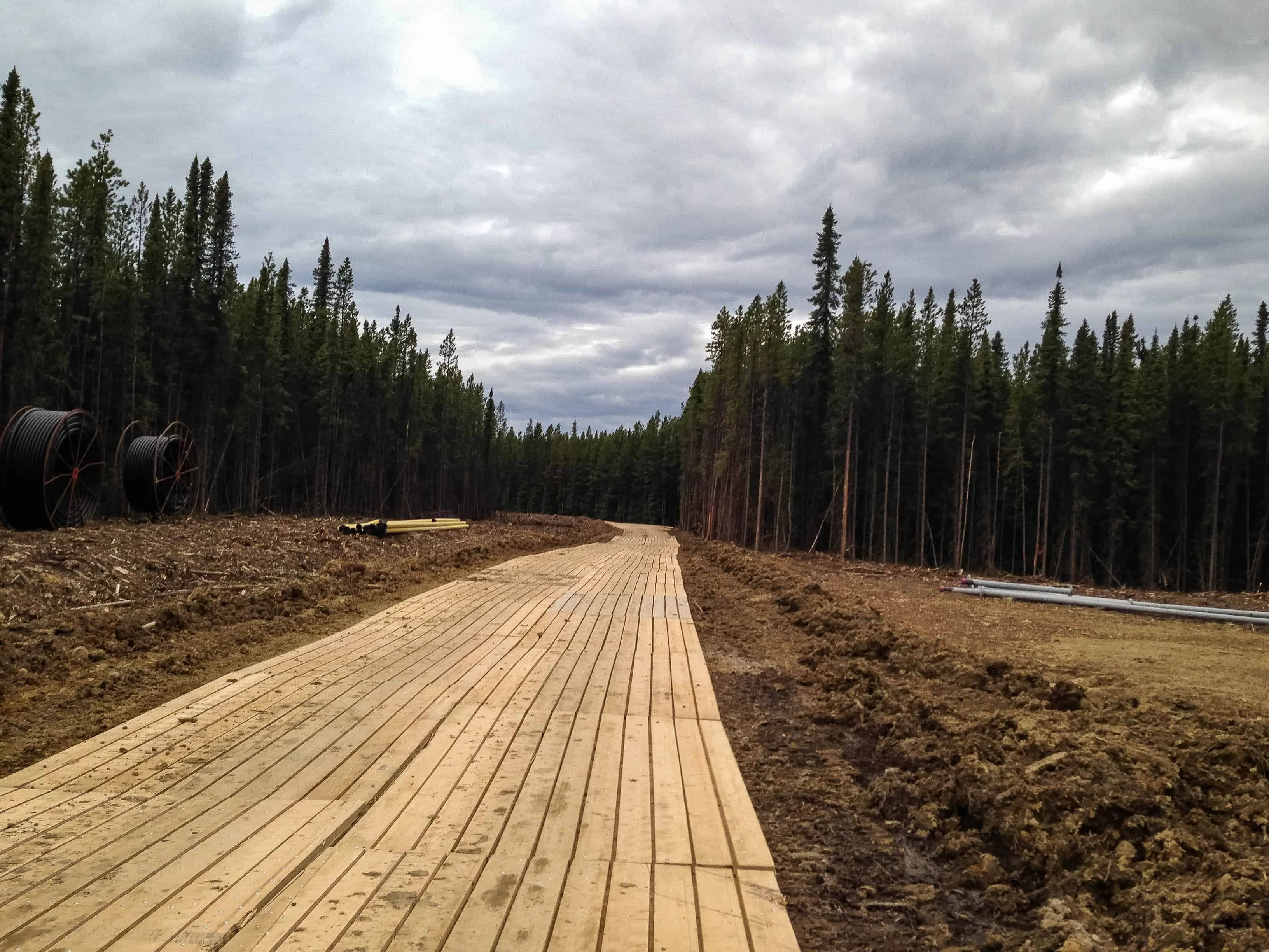 Access mats laid out as a temporary roadway through the forest